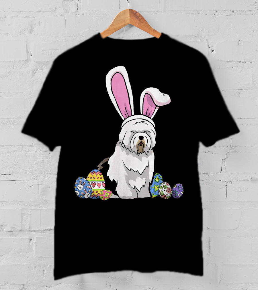 Old English Sheepdog Dressed As Easter Bunny With Colorful Eggs T-Shirt