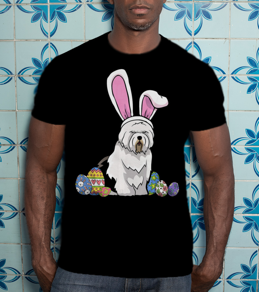 Old English Sheepdog Dressed As Easter Bunny With Colorful Eggs T-Shirt