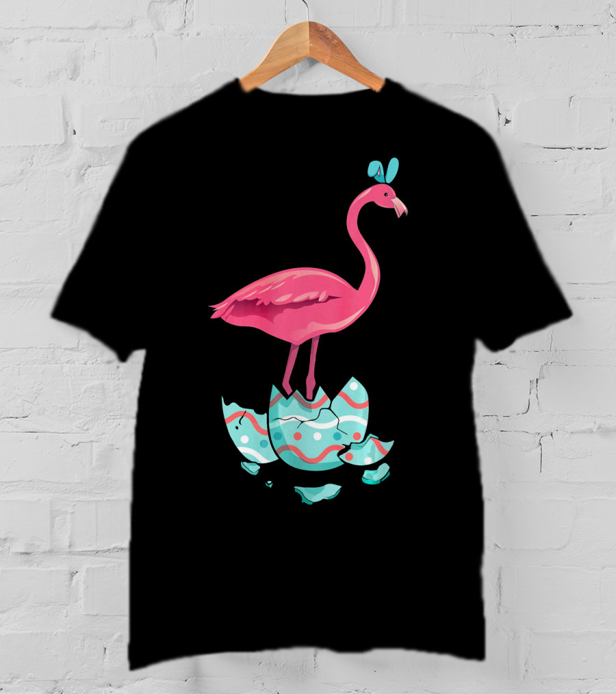 Funny Pink Flamingo On Easter Egg Bun With Bow T-Shirt
