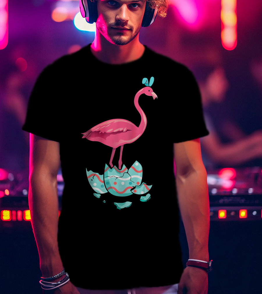 Funny Pink Flamingo On Easter Egg Bun With Bow T-Shirt