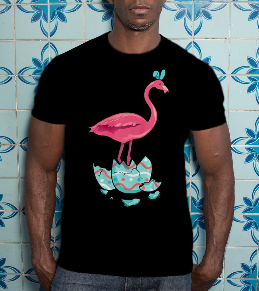 Funny Pink Flamingo On Easter Egg Bun With Bow T-Shirt