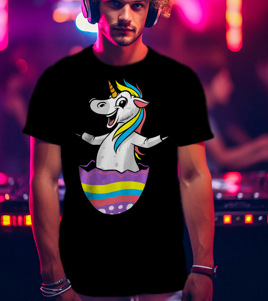 Easter Unicorn In Colorful Striped Egg T-Shirt