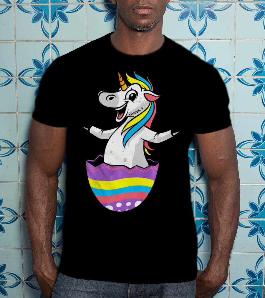 Easter Unicorn In Colorful Striped Egg T-Shirt
