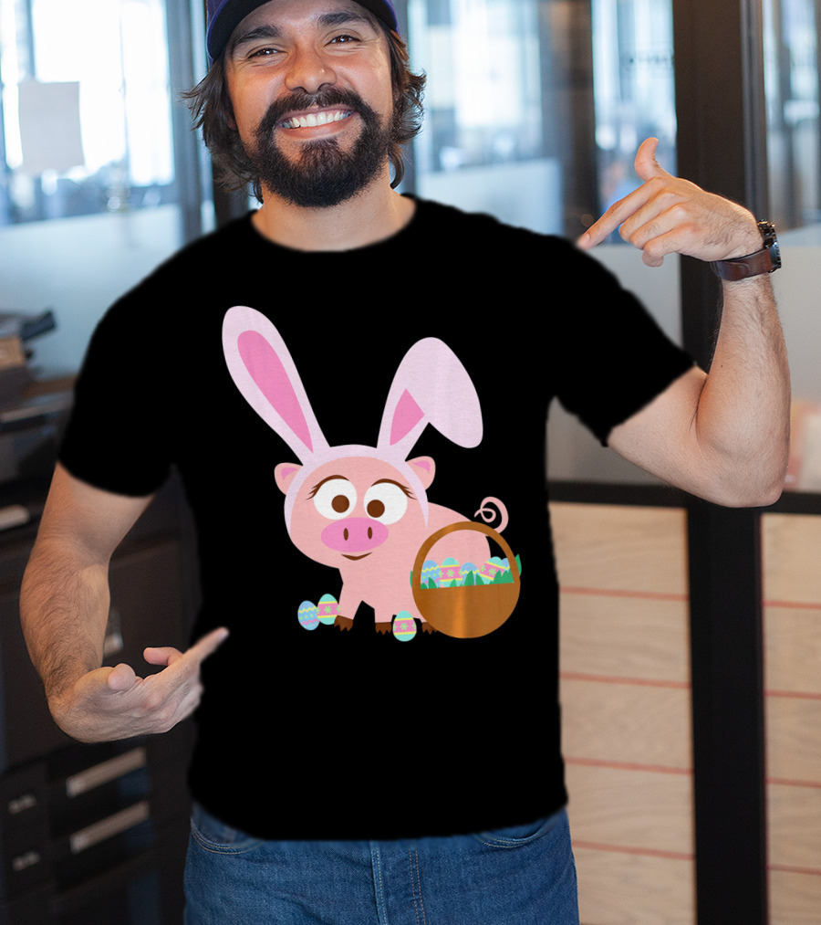 Happy Pig Bunny Ears Easter Eggs Basket T-Shirt