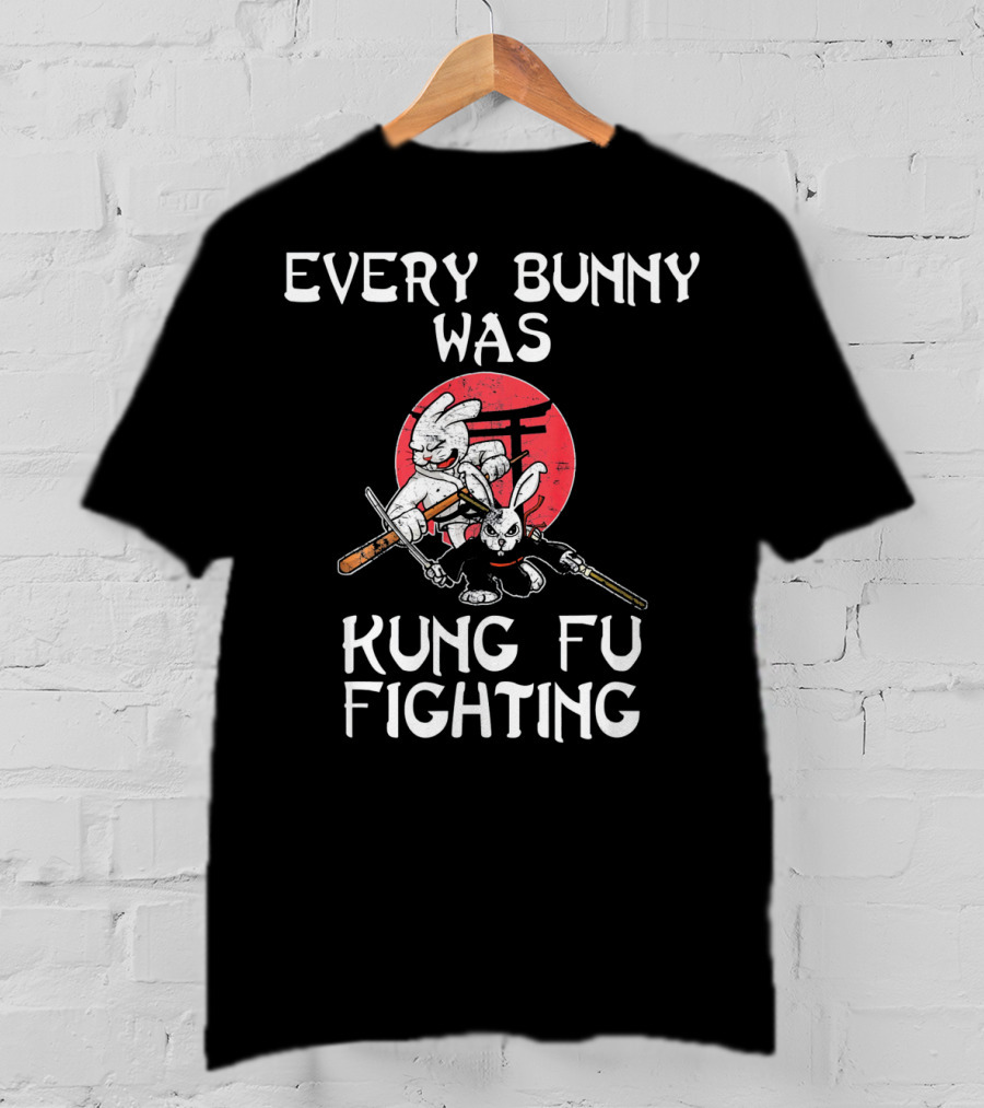 Every Bunny Was Kung Fu Fighting Easter Rabbits With Swords And Red Circle Background T-Shirt