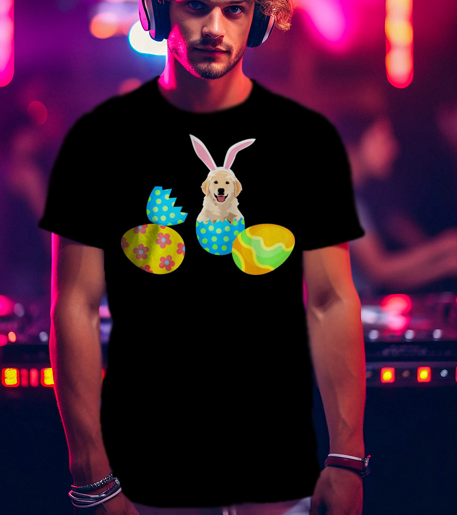 Labrador In Easter Eggs With Bunny Ears And Colorful T-Shirt
