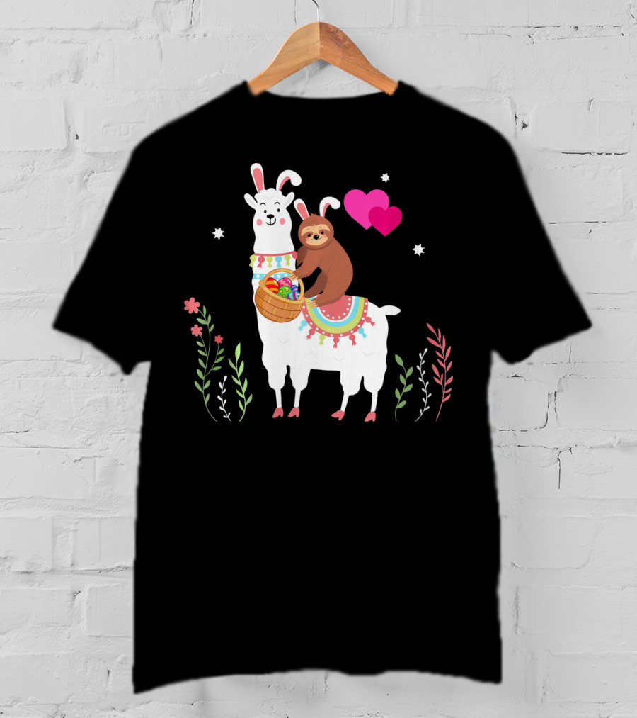 Sloth With Basket On Llama Wearing Easter Bunny Ears With Hearts And Flowers T-Shirt