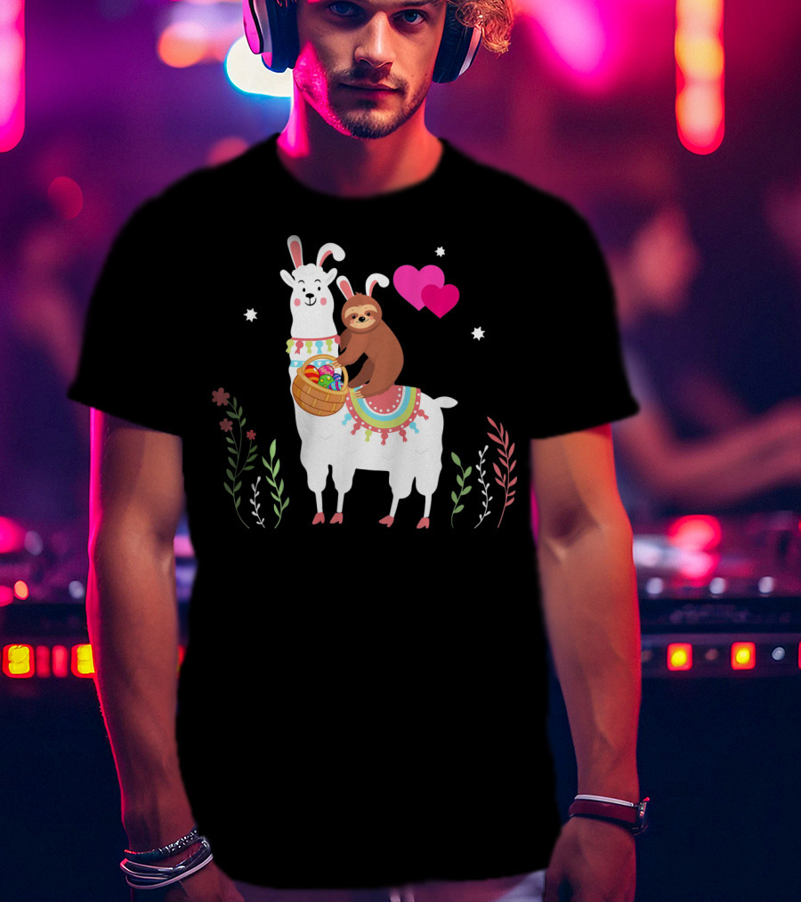 Sloth With Basket On Llama Wearing Easter Bunny Ears With Hearts And Flowers T-Shirt