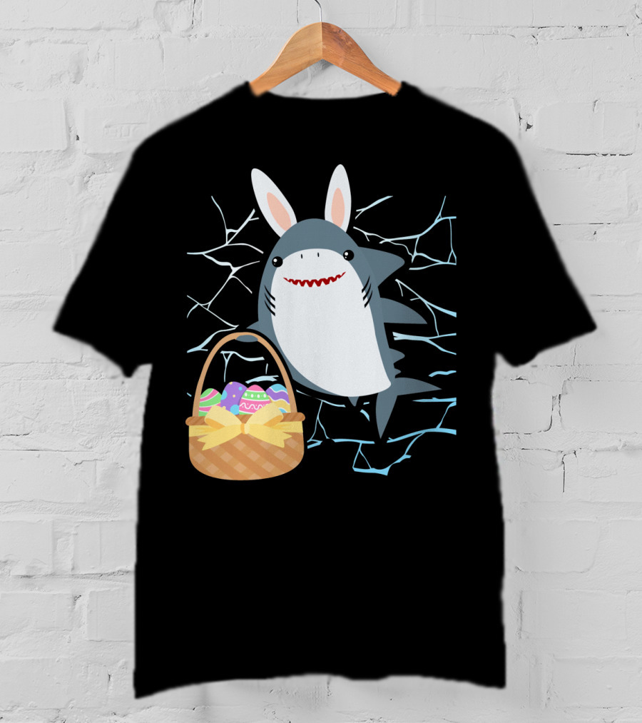 Easter Bunny Shark With Basket Of Eggs And Funny Expression T-Shirt
