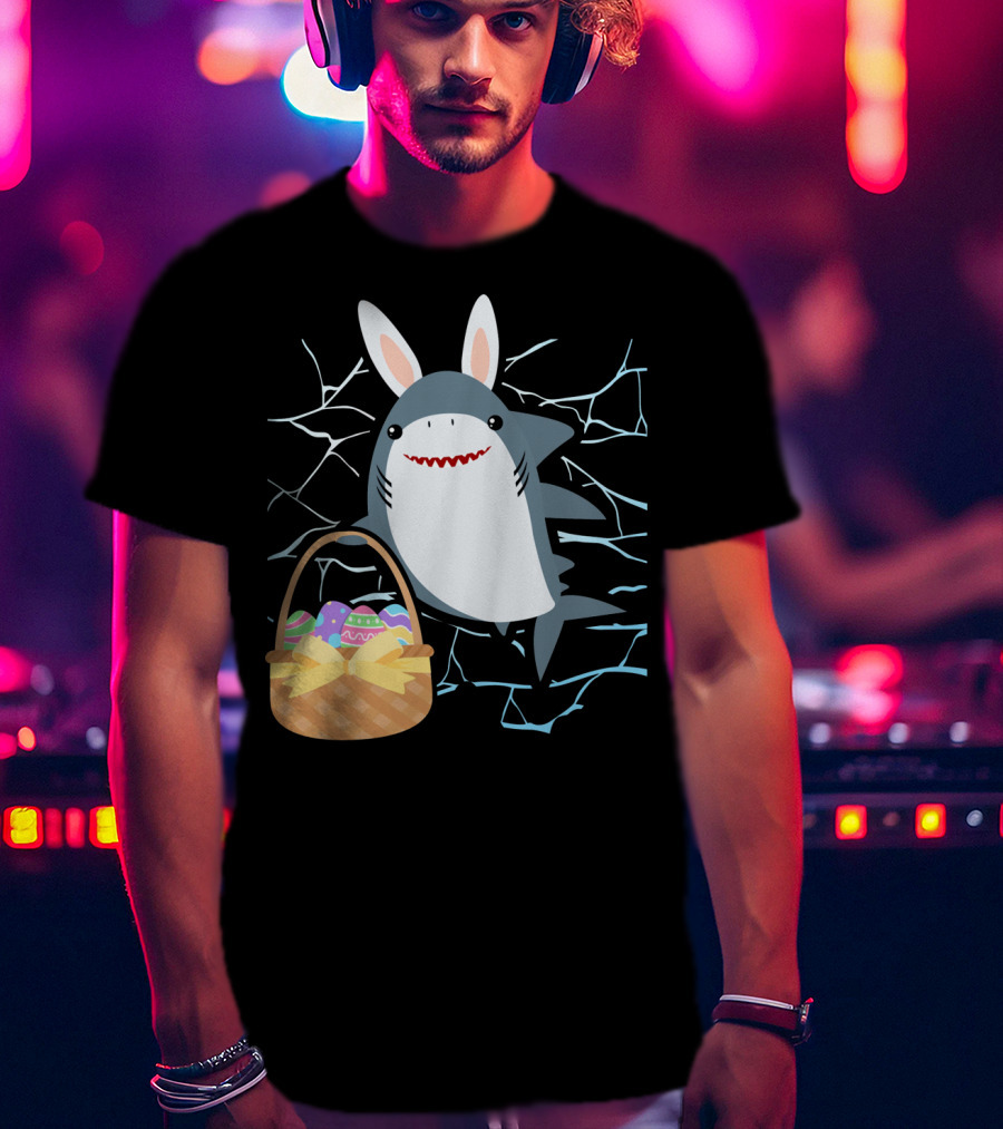 Easter Bunny Shark With Basket Of Eggs And Funny Expression T-Shirt