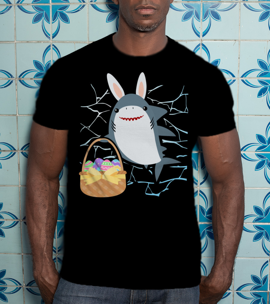 Easter Bunny Shark With Basket Of Eggs And Funny Expression T-Shirt