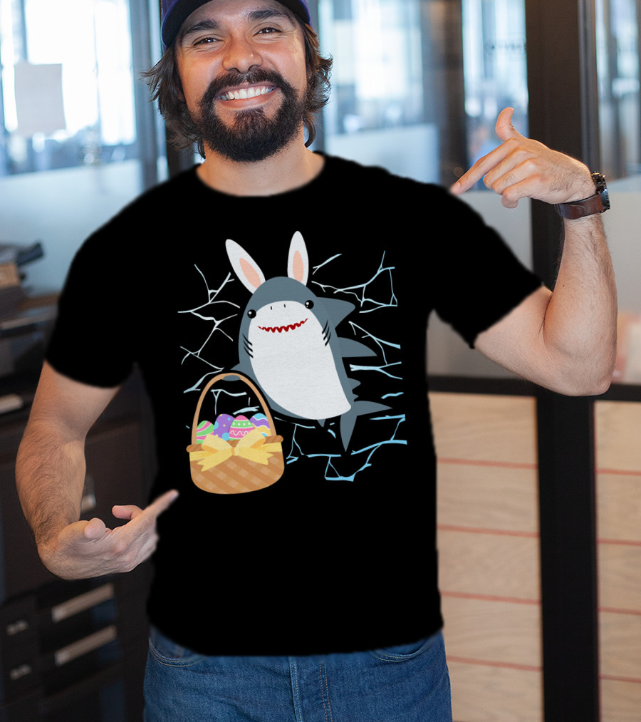Easter Bunny Shark With Basket Of Eggs And Funny Expression T-Shirt