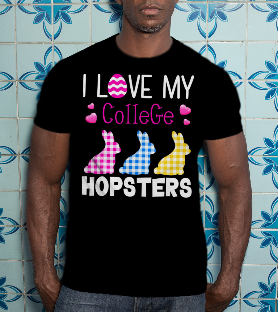I Love My College Hopsters Easter Bunnies Plaid Hearts T-Shirt