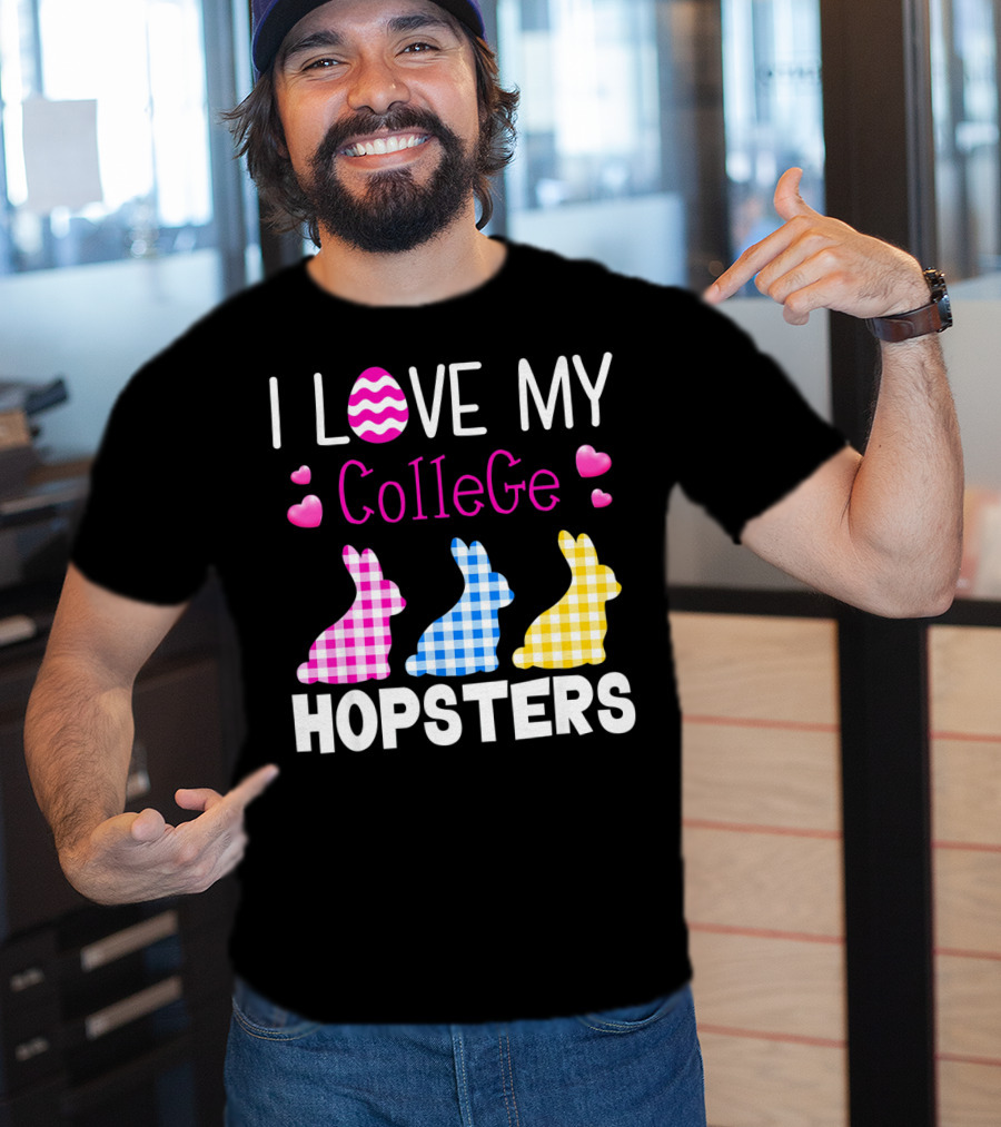 I Love My College Hopsters Easter Bunnies Plaid Hearts T-Shirt