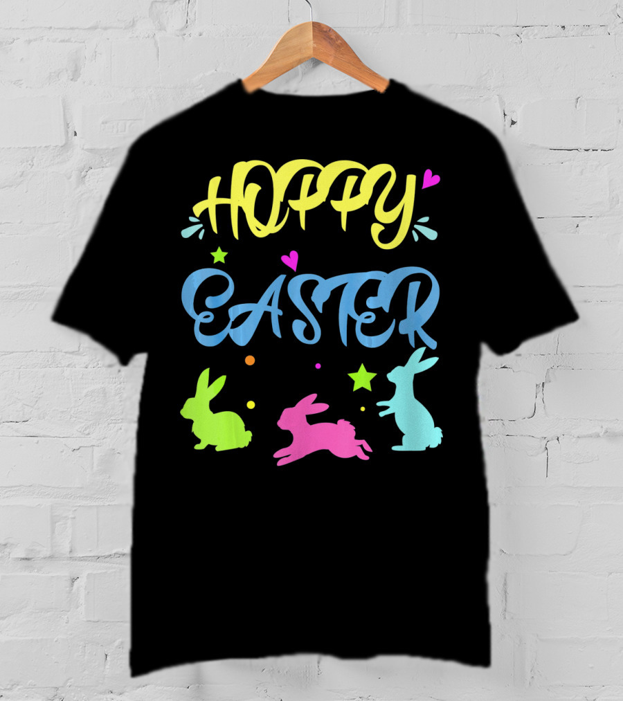 Hoppy Easter Novelty Orthodox Colorful Bunny Silhouettes With Hearts And Stars T-Shirt