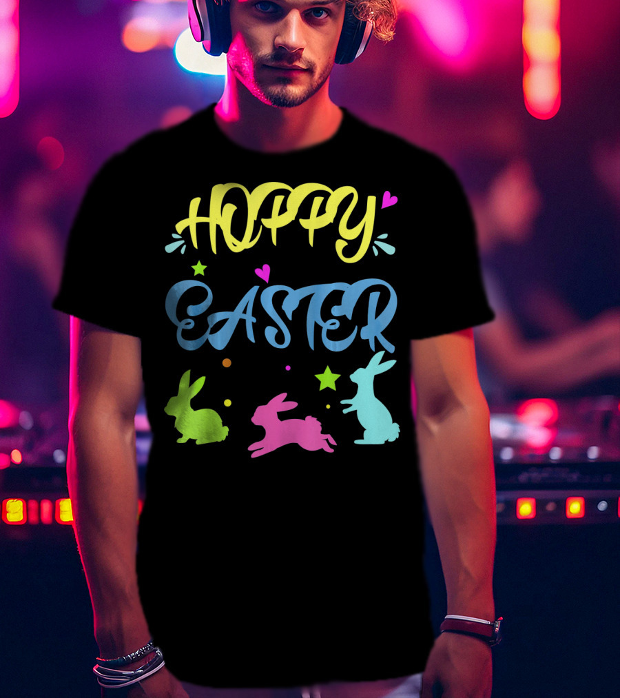 Hoppy Easter Novelty Orthodox Colorful Bunny Silhouettes With Hearts And Stars T-Shirt