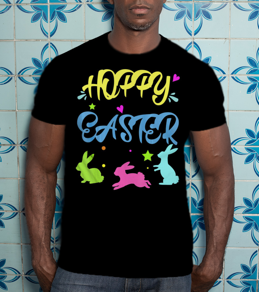 Hoppy Easter Novelty Orthodox Colorful Bunny Silhouettes With Hearts And Stars T-Shirt