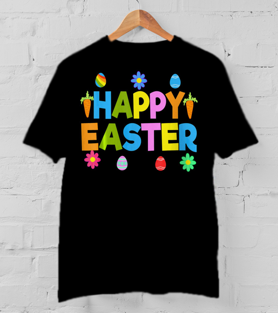 Happy Easter Bunny Carrot Colorful Eggs Flowers T-Shirt