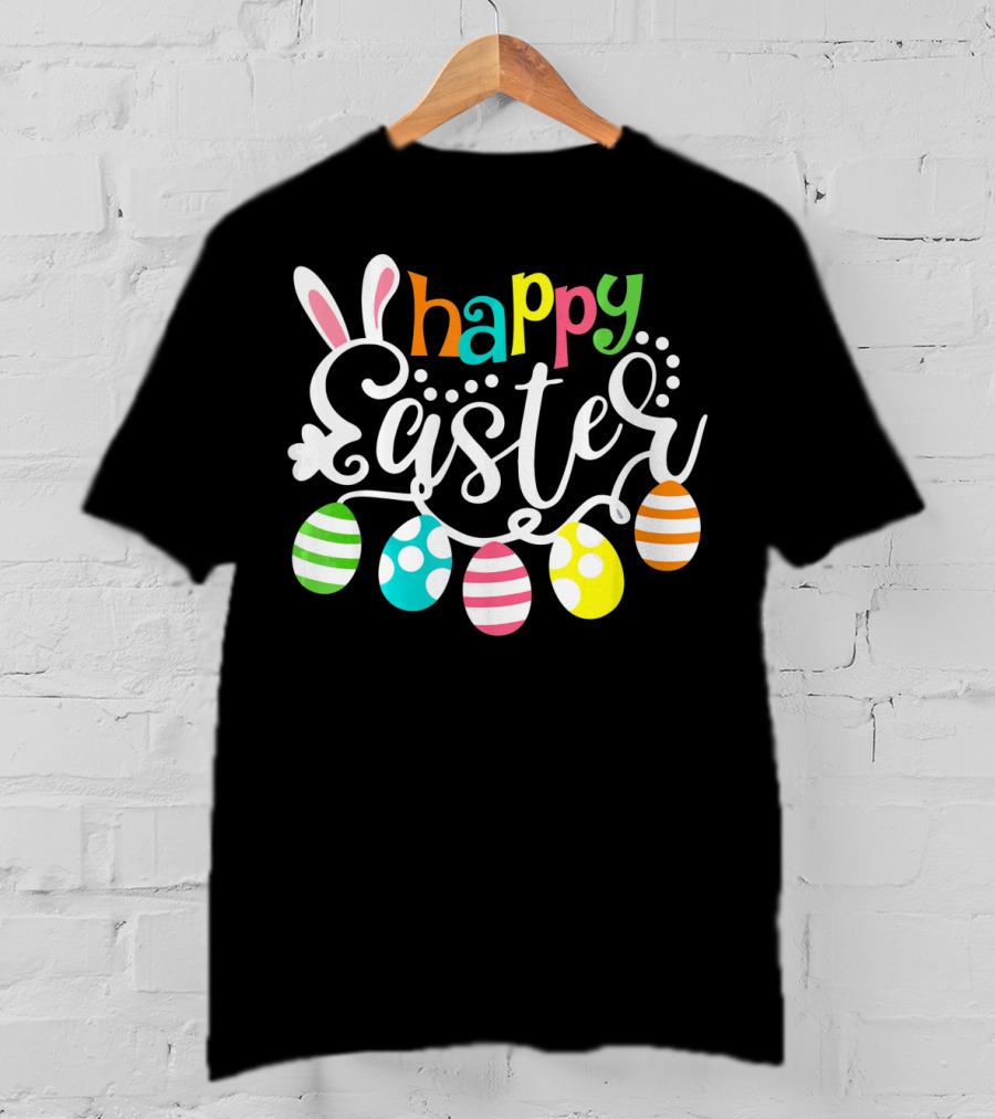 Happy Easter Cute Bunny And Colorful Easter Egg Garland T-Shirt