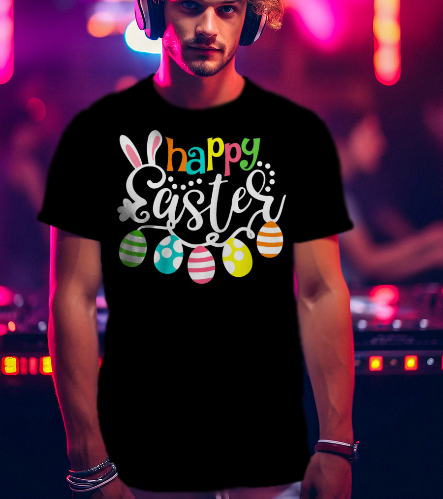 Happy Easter Cute Bunny And Colorful Easter Egg Garland T-Shirt
