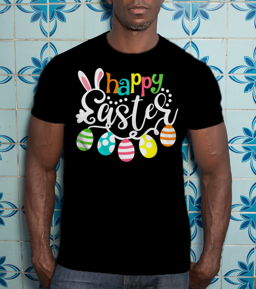 Happy Easter Cute Bunny And Colorful Easter Egg Garland T-Shirt