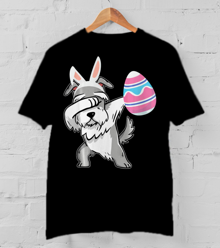 Easter Bunny Ears Schnauzer Dog Dabbing With Colorful Egg T-Shirt