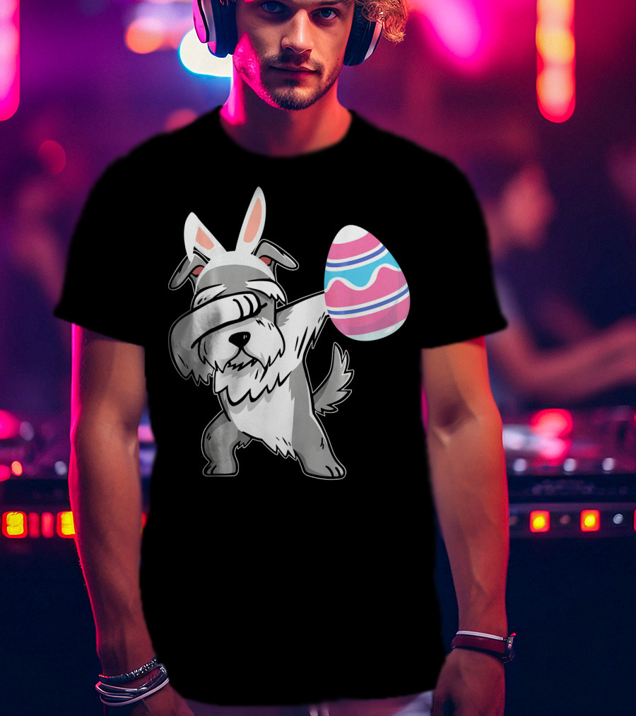 Easter Bunny Ears Schnauzer Dog Dabbing With Colorful Egg T-Shirt