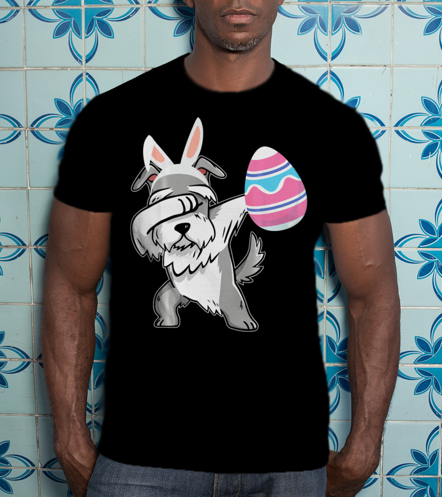 Easter Bunny Ears Schnauzer Dog Dabbing With Colorful Egg T-Shirt