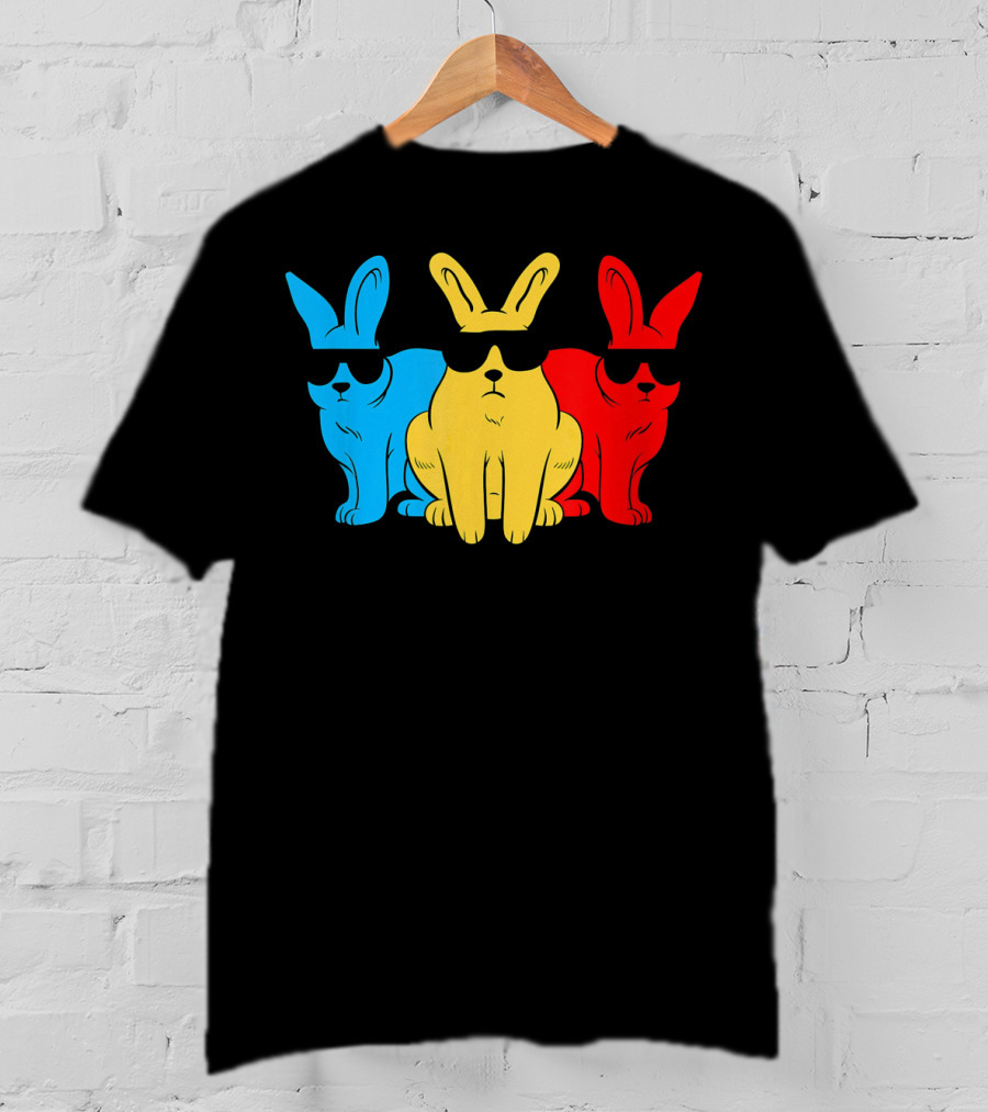 Hip Trio Bunnies Shades Funny Hipster Blue Yellow Red T-Shirt