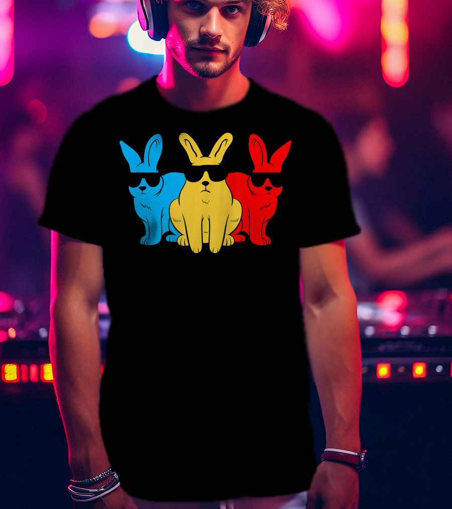 Hip Trio Bunnies Shades Funny Hipster Blue Yellow Red T-Shirt