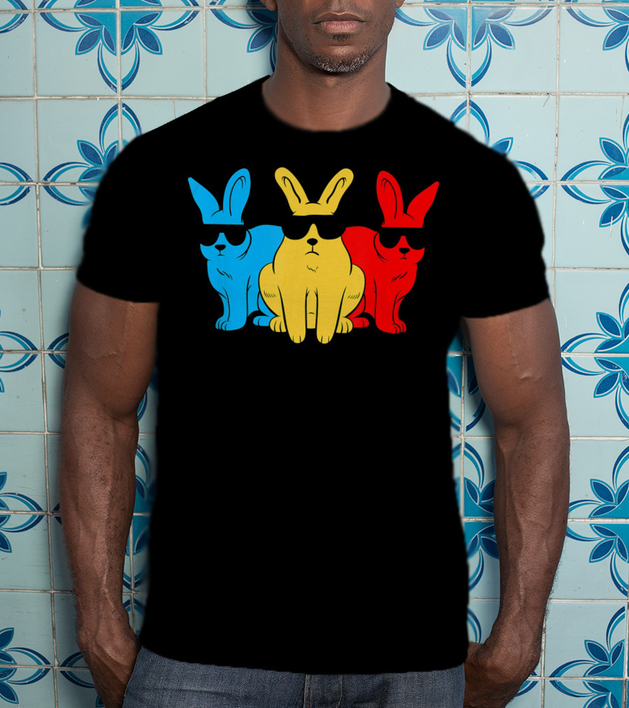 Hip Trio Bunnies Shades Funny Hipster Blue Yellow Red T-Shirt