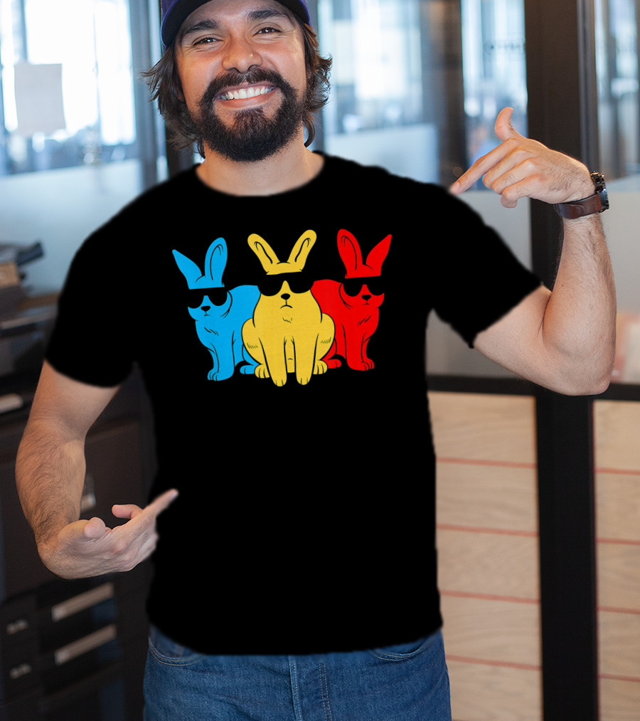 Hip Trio Bunnies Shades Funny Hipster Blue Yellow Red T-Shirt