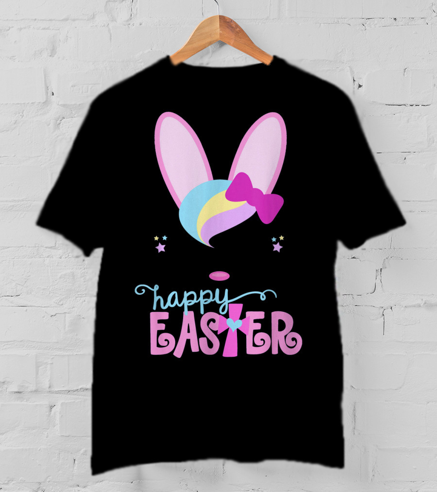 HAPPY EASTER Bunny Face Girls Bow Stars Colorful Ears T-Shirt