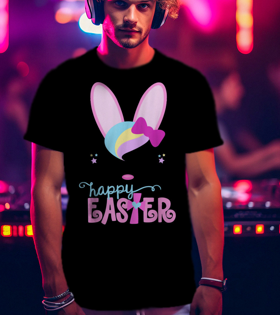 HAPPY EASTER Bunny Face Girls Bow Stars Colorful Ears T-Shirt