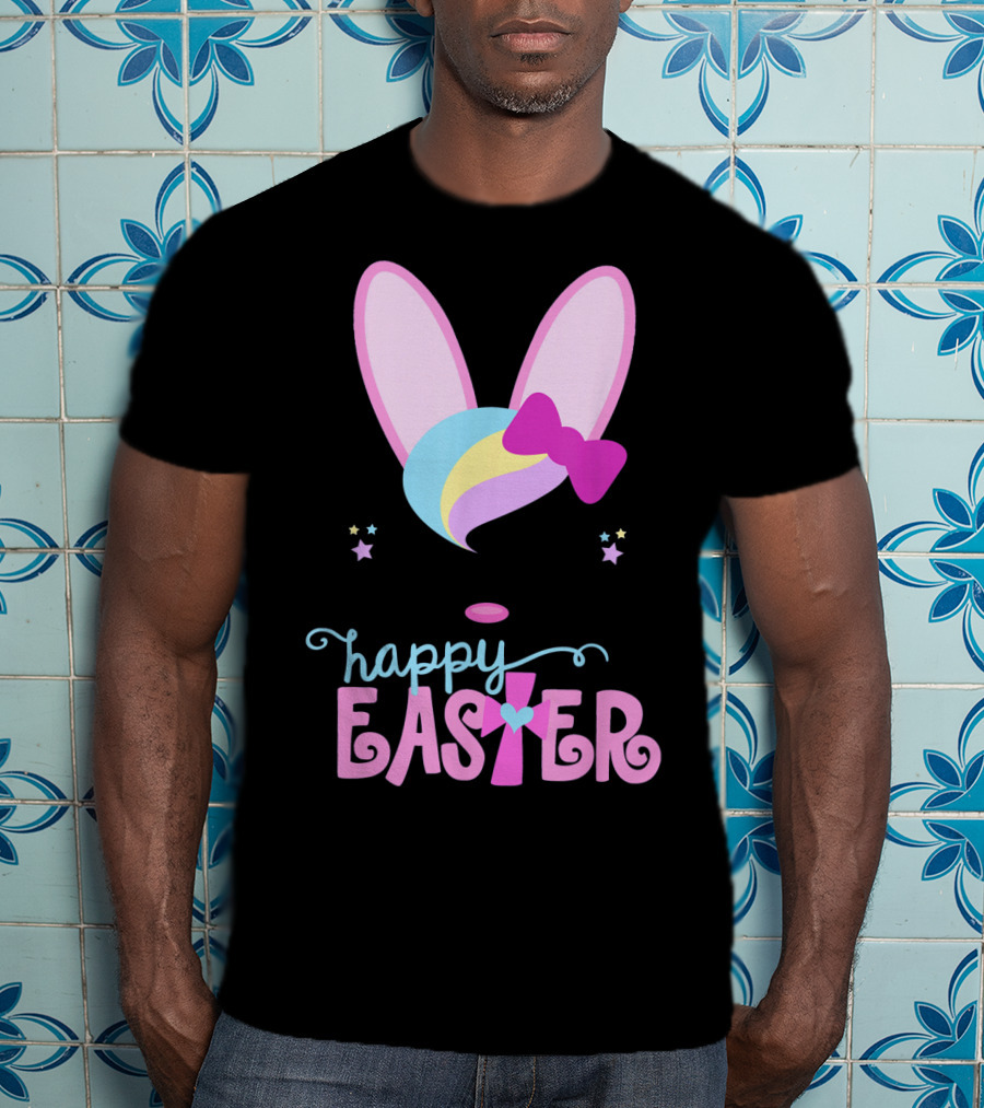 HAPPY EASTER Bunny Face Girls Bow Stars Colorful Ears T-Shirt