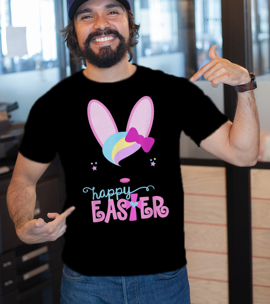 HAPPY EASTER Bunny Face Girls Bow Stars Colorful Ears T-Shirt