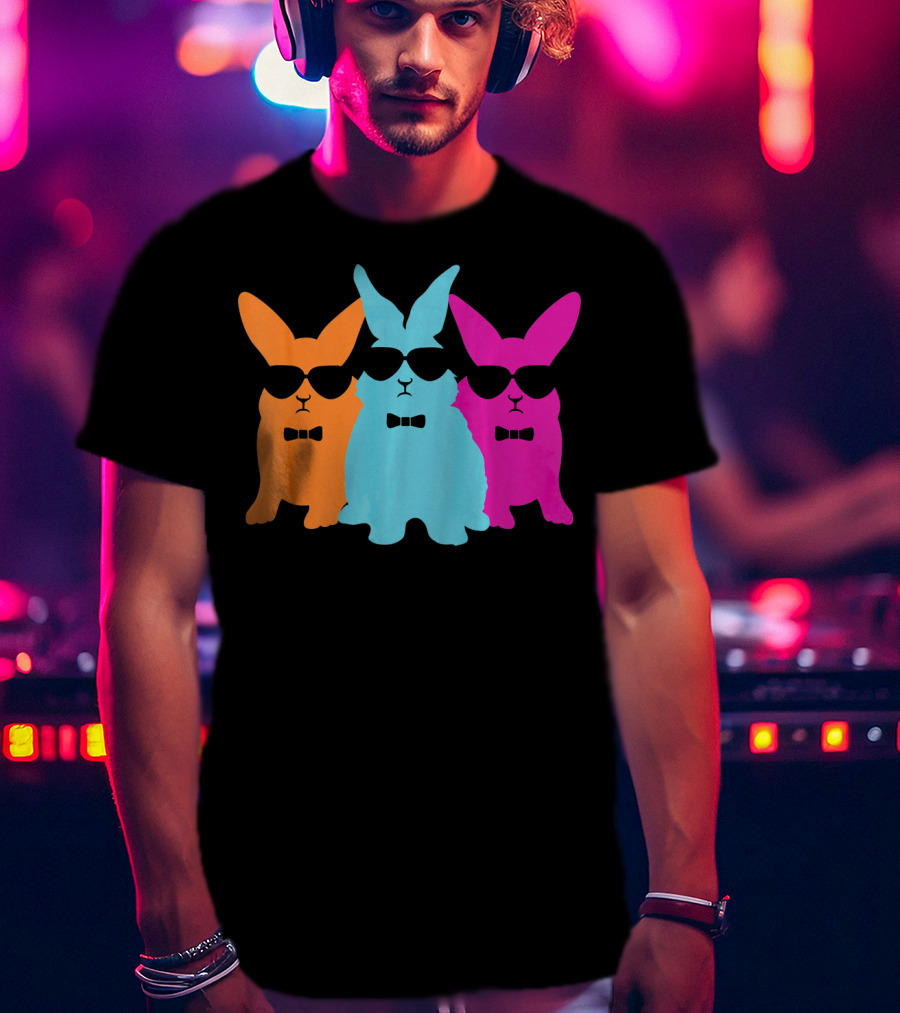 Hipster Easter Bunny Cool Rabbits Sunglasses Neon Trio Bow Ties T-Shirt
