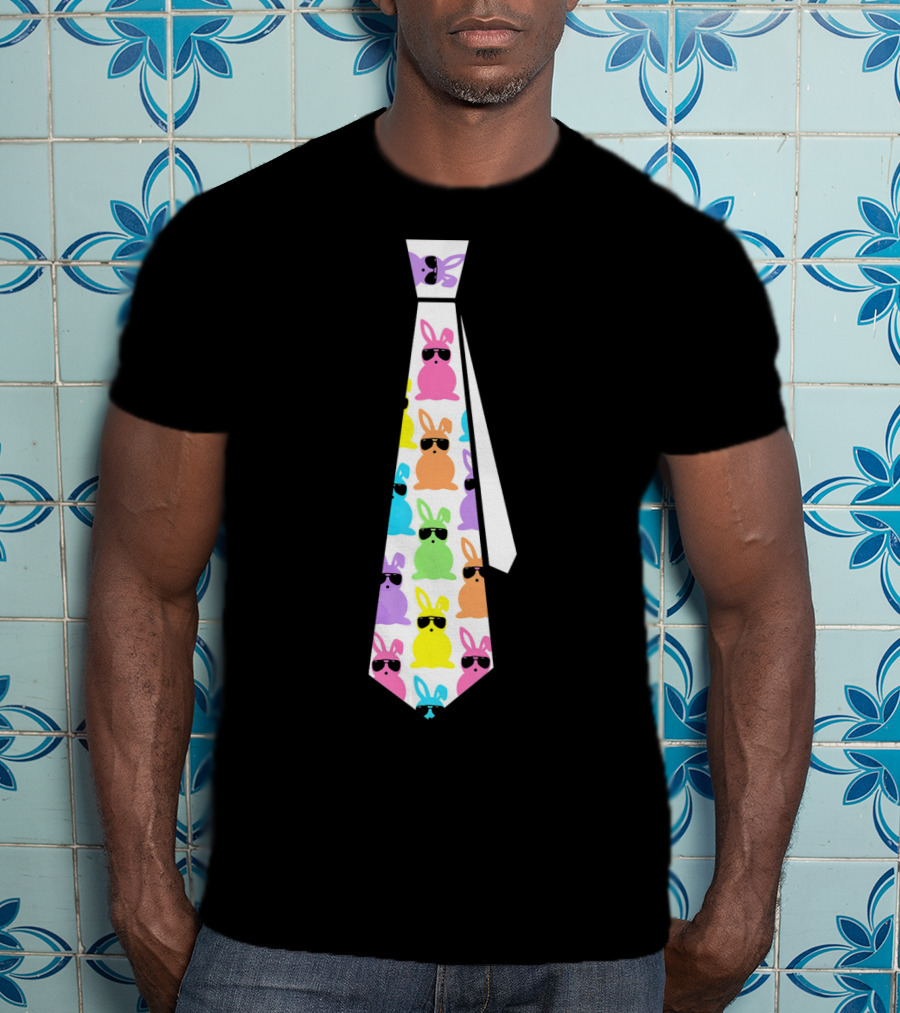 Funny Colorful Easter Bunny Necktie With Sunglasses T-Shirt