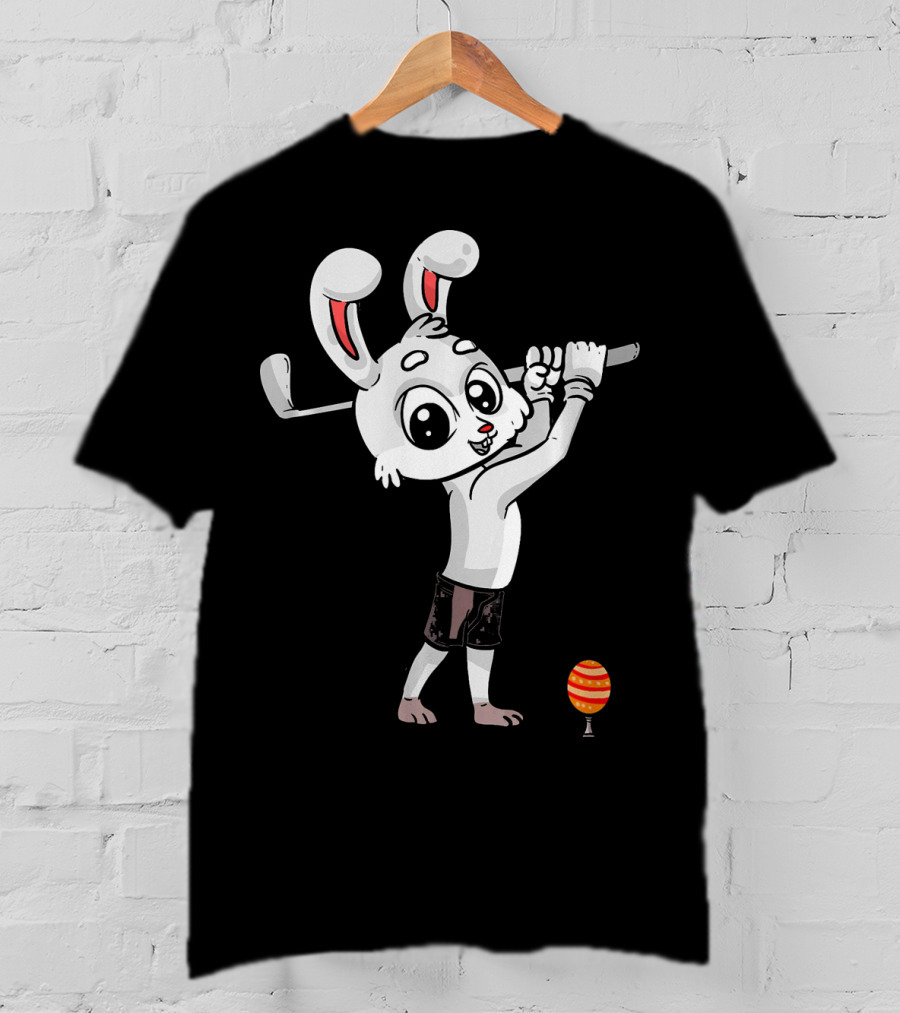 Funny Easter Bunny Playing Golf With Striped Egg T-Shirt