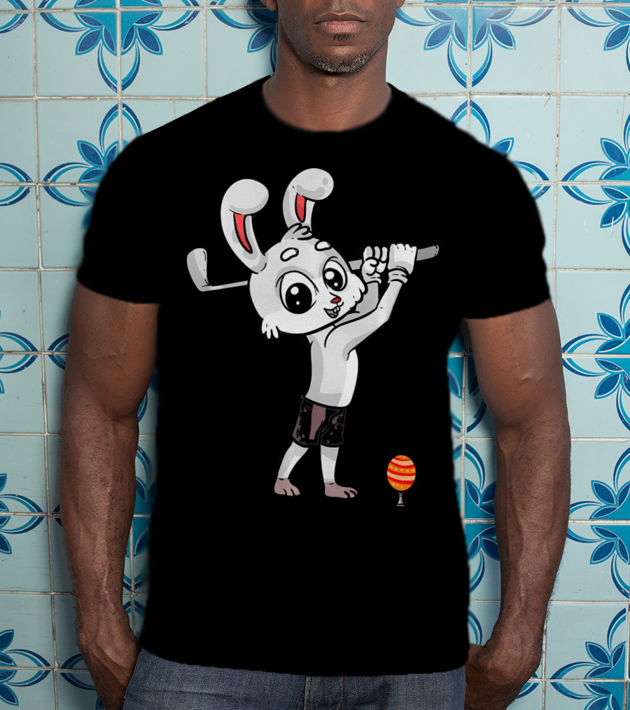 Funny Easter Bunny Playing Golf With Striped Egg T-Shirt