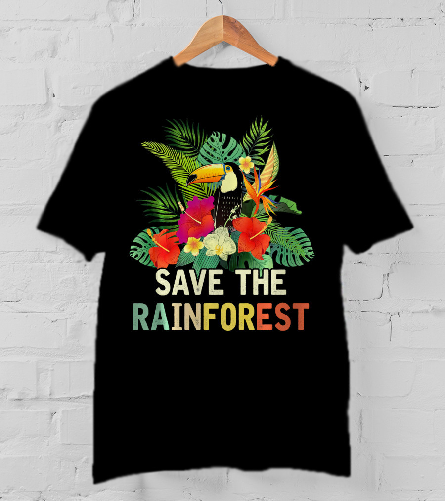 Save The Rainforest Colorful Toucan And Tropical Flowers T-Shirt