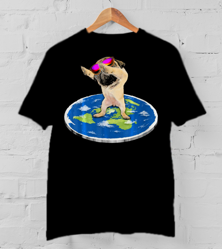 Flat Earth Pug Dabbing With Sunglasses On World Map T-Shirt