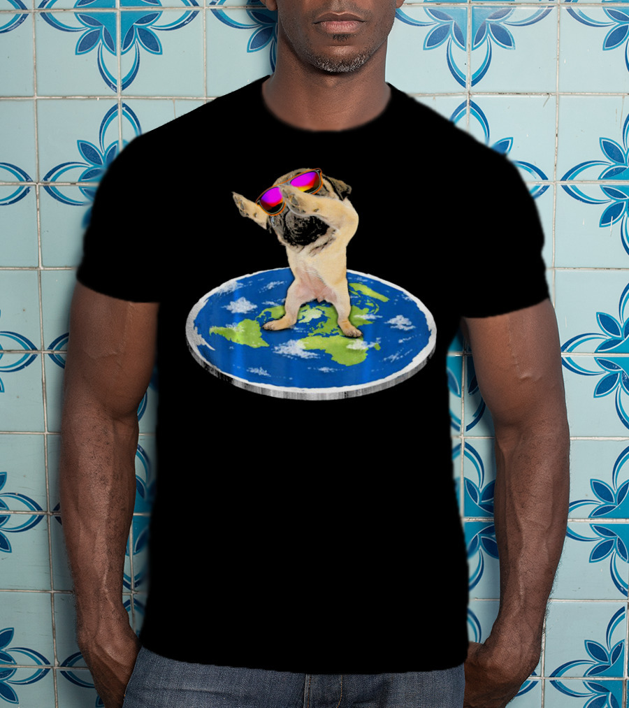 Flat Earth Pug Dabbing With Sunglasses On World Map T-Shirt