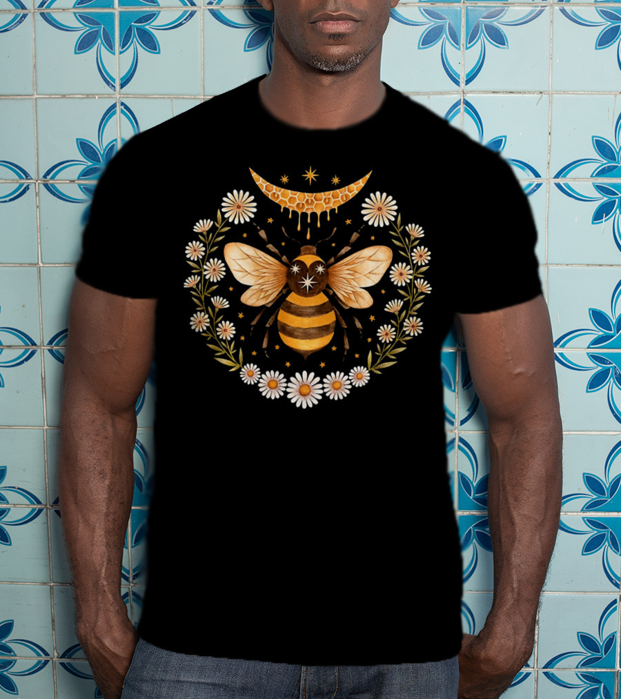 Honey Bee With Flowers And Crescent Moon T-Shirt
