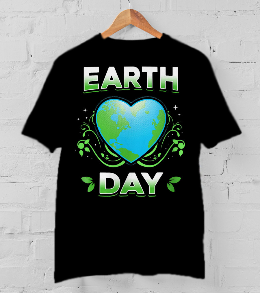 Earth Day Heart With Green Leaves And Swirls T-Shirt