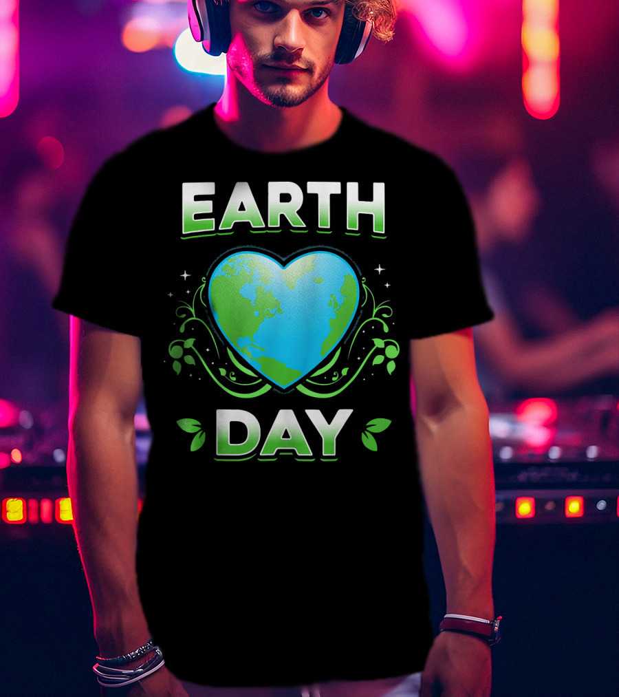 Earth Day Heart With Green Leaves And Swirls T-Shirt