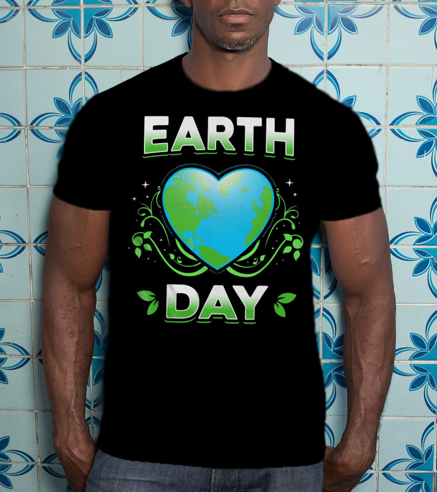 Earth Day Heart With Green Leaves And Swirls T-Shirt