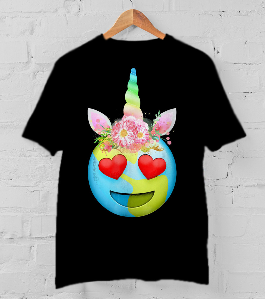 Heart Eyes Unicorn Earth Day Emoji Floral Mane T-Shirt
