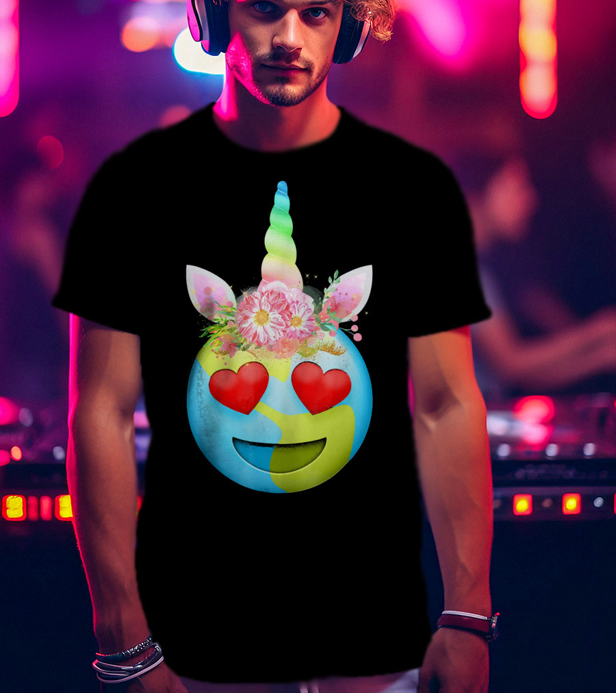 Heart Eyes Unicorn Earth Day Emoji Floral Mane T-Shirt