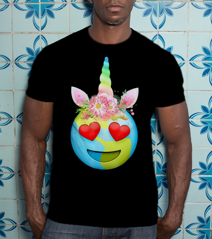 Heart Eyes Unicorn Earth Day Emoji Floral Mane T-Shirt